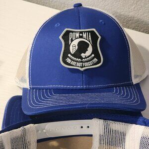 POW MIA Patched Royal Blue/White Mesh Snapback Trucker Hat
